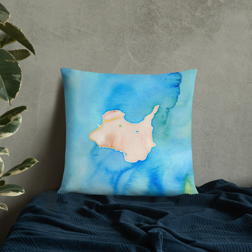 Custom Kelleys Island Ohio Map Throw Pillow in Watercolor on Bedding Against Wall