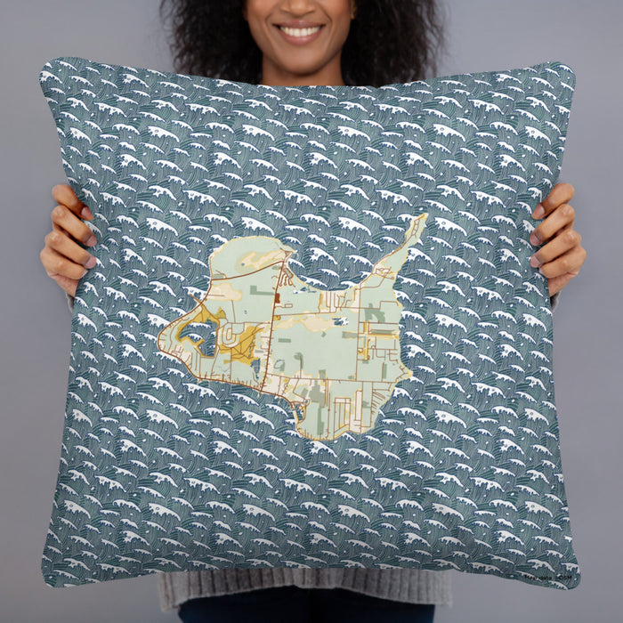 Person holding 22x22 Custom Kelleys Island Ohio Map Throw Pillow in Woodblock