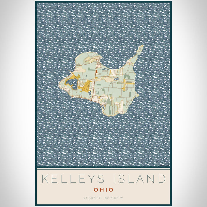 Kelleys Island Ohio Map Print Portrait Orientation in Woodblock Style With Shaded Background
