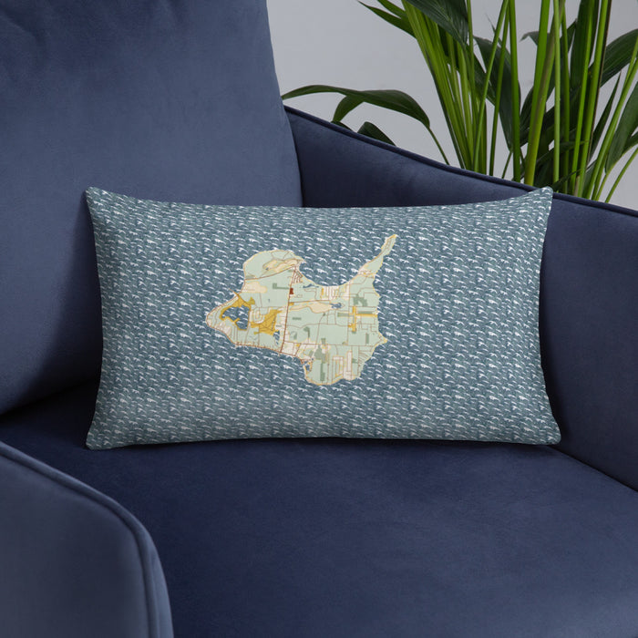 Custom Kelleys Island Ohio Map Throw Pillow in Woodblock on Blue Colored Chair
