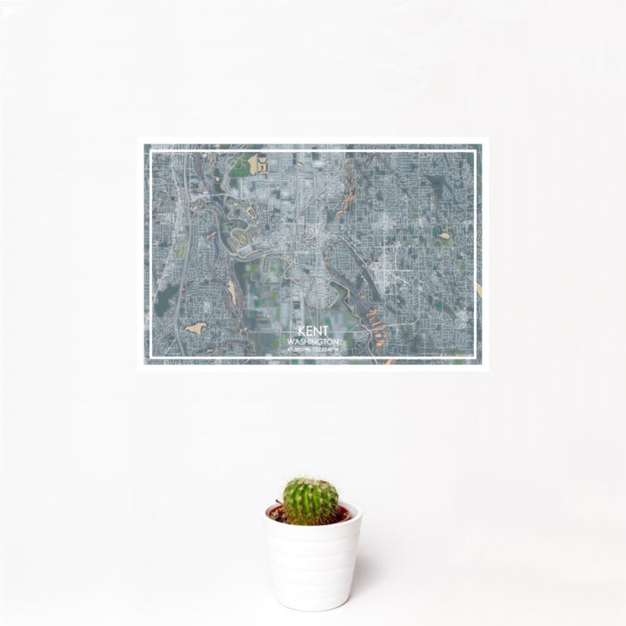 12x18 Kent Washington Map Print Landscape Orientation in Afternoon Style With Small Cactus Plant in White Planter