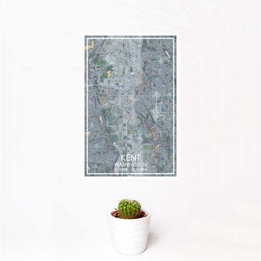 12x18 Kent Washington Map Print Portrait Orientation in Afternoon Style With Small Cactus Plant in White Planter