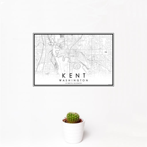 12x18 Kent Washington Map Print Landscape Orientation in Classic Style With Small Cactus Plant in White Planter