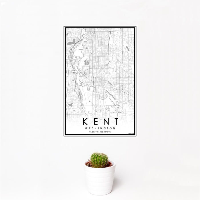 12x18 Kent Washington Map Print Portrait Orientation in Classic Style With Small Cactus Plant in White Planter