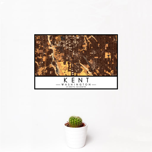 12x18 Kent Washington Map Print Landscape Orientation in Ember Style With Small Cactus Plant in White Planter