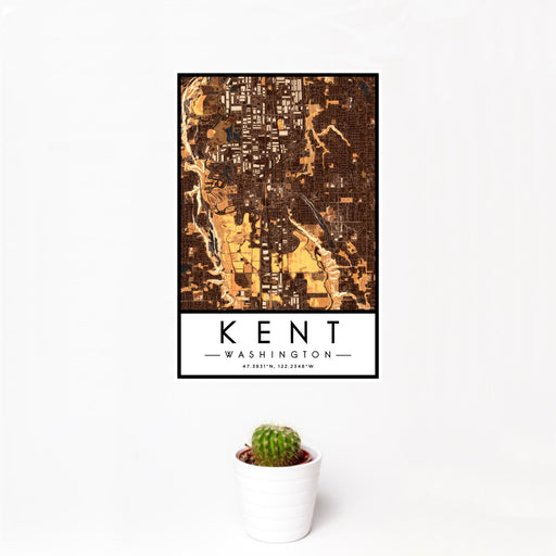 12x18 Kent Washington Map Print Portrait Orientation in Ember Style With Small Cactus Plant in White Planter
