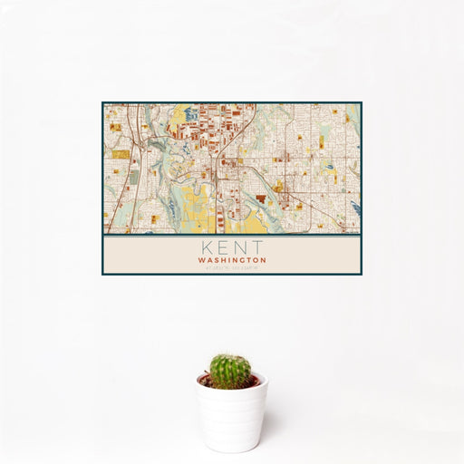 12x18 Kent Washington Map Print Landscape Orientation in Woodblock Style With Small Cactus Plant in White Planter