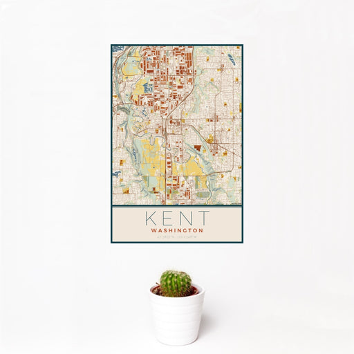 12x18 Kent Washington Map Print Portrait Orientation in Woodblock Style With Small Cactus Plant in White Planter