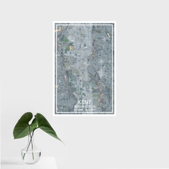 16x24 Kent Washington Map Print Portrait Orientation in Afternoon Style With Tropical Plant Leaves in Water