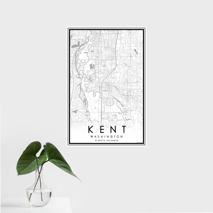 16x24 Kent Washington Map Print Portrait Orientation in Classic Style With Tropical Plant Leaves in Water