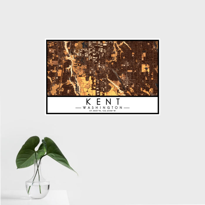 16x24 Kent Washington Map Print Landscape Orientation in Ember Style With Tropical Plant Leaves in Water