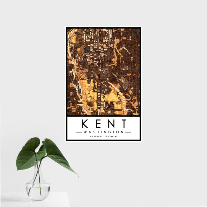 16x24 Kent Washington Map Print Portrait Orientation in Ember Style With Tropical Plant Leaves in Water