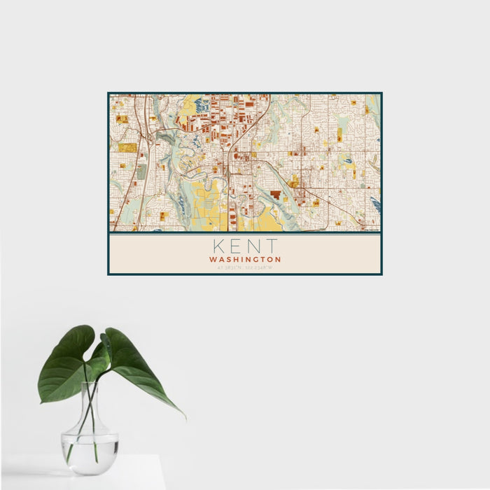 16x24 Kent Washington Map Print Landscape Orientation in Woodblock Style With Tropical Plant Leaves in Water