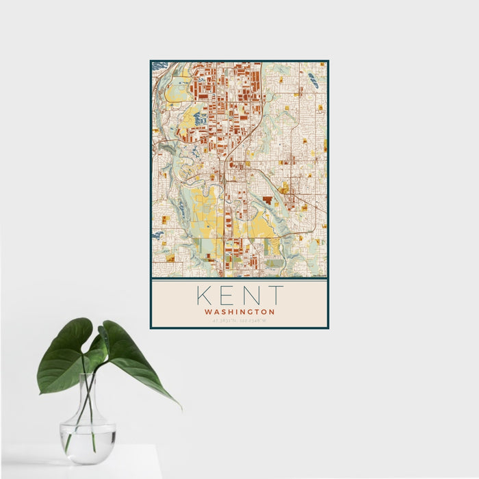 16x24 Kent Washington Map Print Portrait Orientation in Woodblock Style With Tropical Plant Leaves in Water