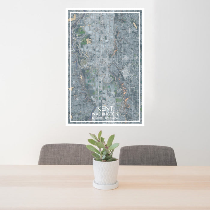24x36 Kent Washington Map Print Portrait Orientation in Afternoon Style Behind 2 Chairs Table and Potted Plant