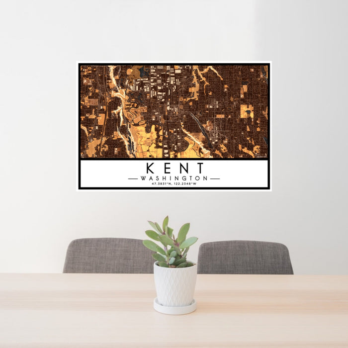 24x36 Kent Washington Map Print Lanscape Orientation in Ember Style Behind 2 Chairs Table and Potted Plant