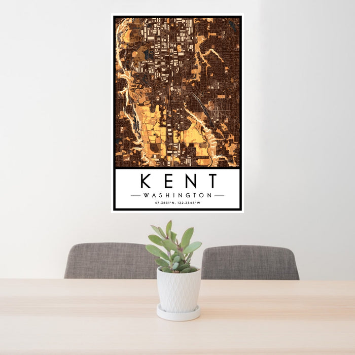 24x36 Kent Washington Map Print Portrait Orientation in Ember Style Behind 2 Chairs Table and Potted Plant