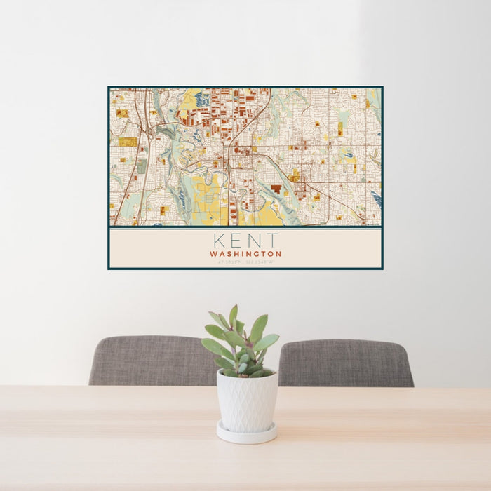 24x36 Kent Washington Map Print Lanscape Orientation in Woodblock Style Behind 2 Chairs Table and Potted Plant