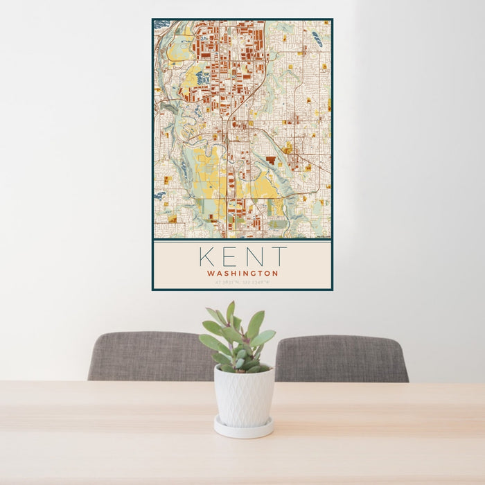 24x36 Kent Washington Map Print Portrait Orientation in Woodblock Style Behind 2 Chairs Table and Potted Plant