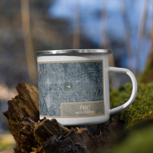 Right View Custom Kent Washington Map Enamel Mug in Afternoon on Grass With Trees in Background