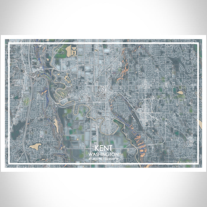 Kent Washington Map Print Landscape Orientation in Afternoon Style With Shaded Background