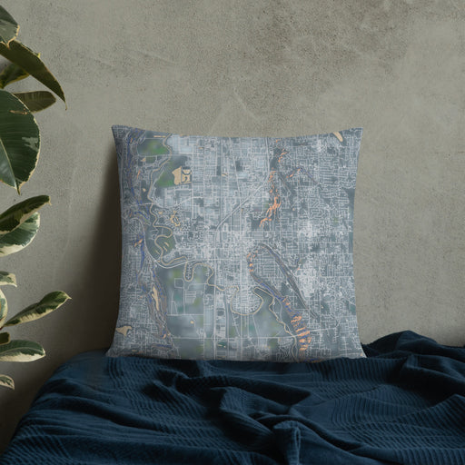Custom Kent Washington Map Throw Pillow in Afternoon on Bedding Against Wall