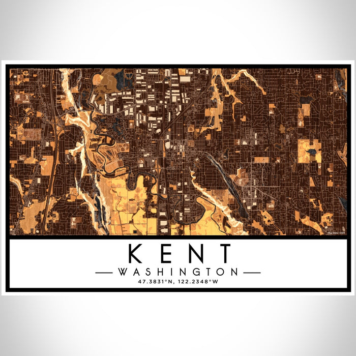 Kent Washington Map Print Landscape Orientation in Ember Style With Shaded Background