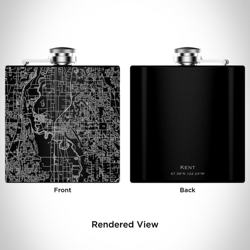 Rendered View of Kent Washington Map Engraving on 6oz Stainless Steel Flask in Black