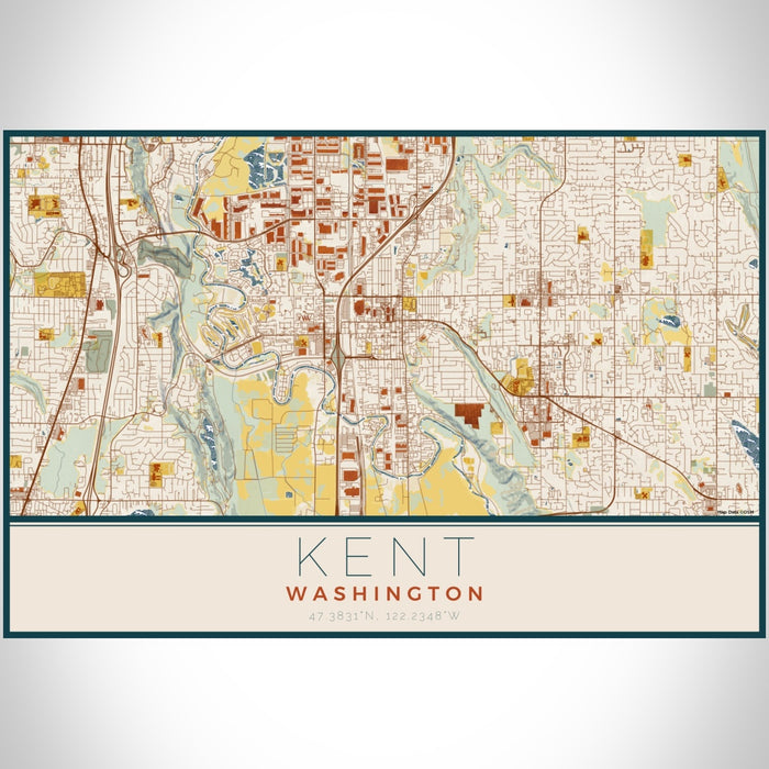 Kent Washington Map Print Landscape Orientation in Woodblock Style With Shaded Background