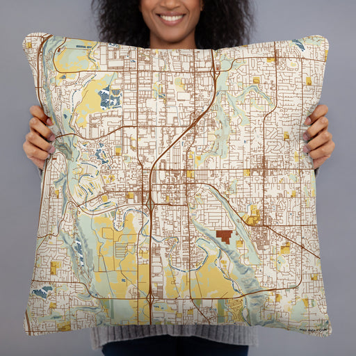 Person holding 22x22 Custom Kent Washington Map Throw Pillow in Woodblock