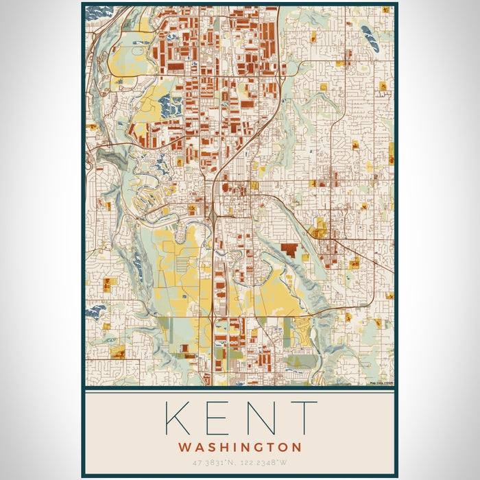 Kent Washington Map Print Portrait Orientation in Woodblock Style With Shaded Background