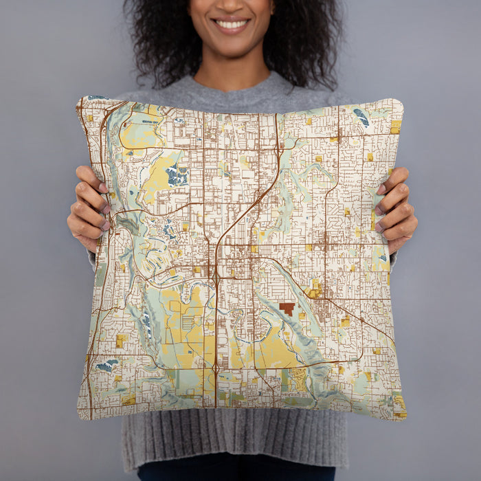 Person holding 18x18 Custom Kent Washington Map Throw Pillow in Woodblock