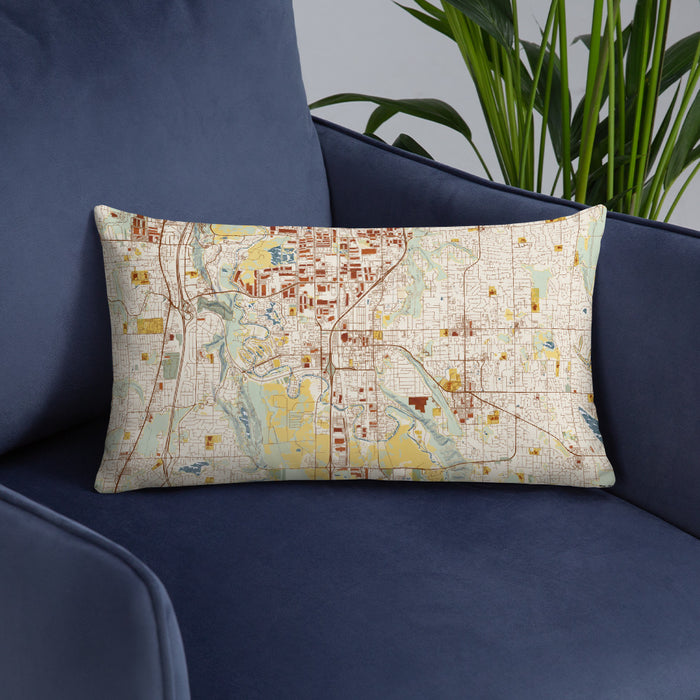 Custom Kent Washington Map Throw Pillow in Woodblock on Blue Colored Chair