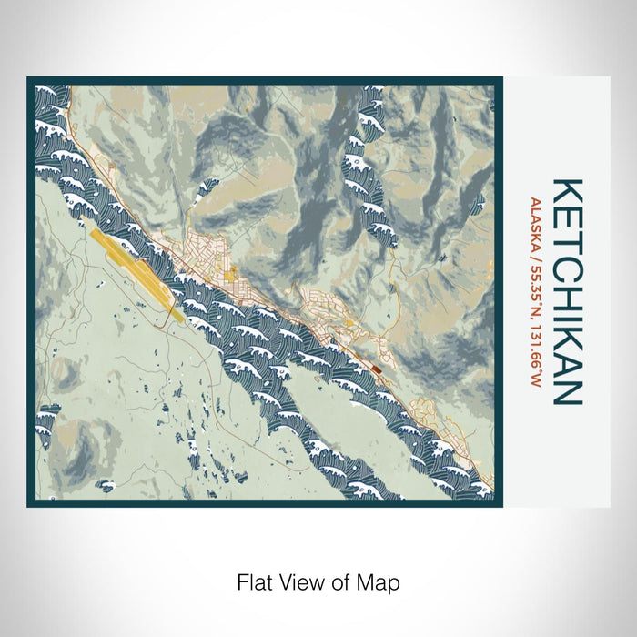 Rendered View of Ketchikan Alaska Map on 20oz Stainless Steel Insulated Bottle with Bamboo Top with printed woodblock style map