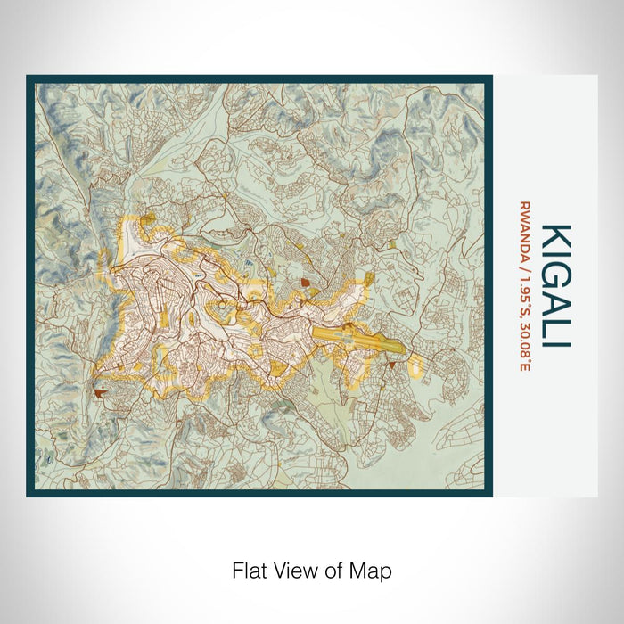 Rendered View of Kigali Rwanda Map on 20oz Stainless Steel Insulated Bottle with Bamboo Top with printed woodblock style map