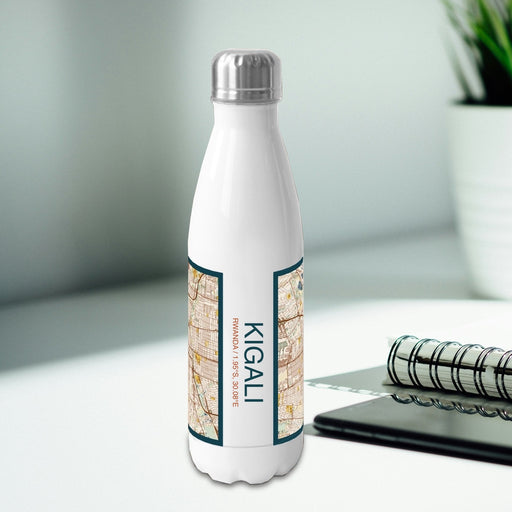 Kigali Rwanda Custom City Map Inscription Coordinates on 17oz Stainless Steel Insulated Bottle with printed woodblock style map