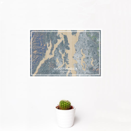 12x18 Kitsap Peninsula Washington Map Print Landscape Orientation in Afternoon Style With Small Cactus Plant in White Planter