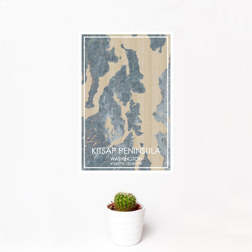 12x18 Kitsap Peninsula Washington Map Print Portrait Orientation in Afternoon Style With Small Cactus Plant in White Planter