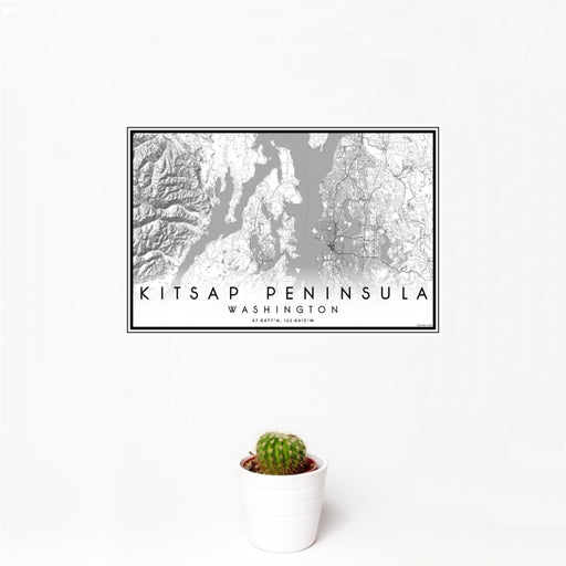 12x18 Kitsap Peninsula Washington Map Print Landscape Orientation in Classic Style With Small Cactus Plant in White Planter
