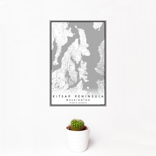 12x18 Kitsap Peninsula Washington Map Print Portrait Orientation in Classic Style With Small Cactus Plant in White Planter