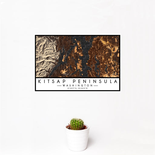 12x18 Kitsap Peninsula Washington Map Print Landscape Orientation in Ember Style With Small Cactus Plant in White Planter