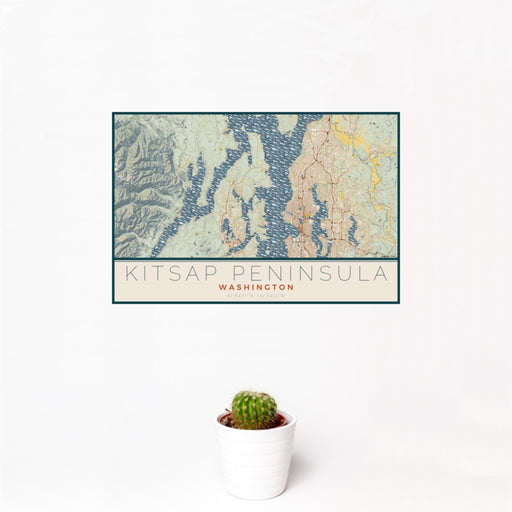 12x18 Kitsap Peninsula Washington Map Print Landscape Orientation in Woodblock Style With Small Cactus Plant in White Planter
