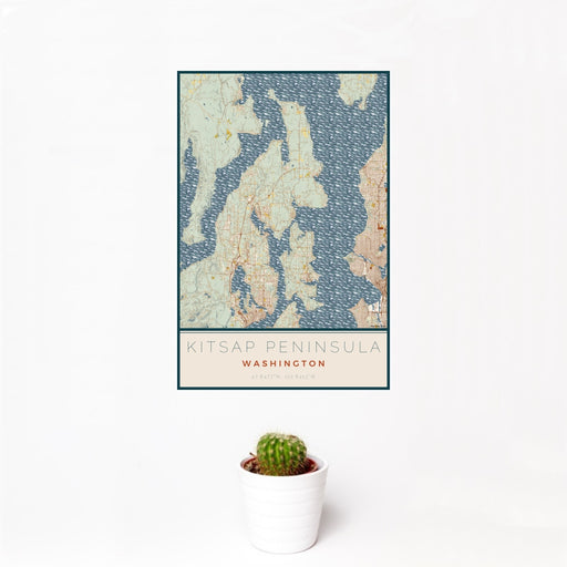 12x18 Kitsap Peninsula Washington Map Print Portrait Orientation in Woodblock Style With Small Cactus Plant in White Planter