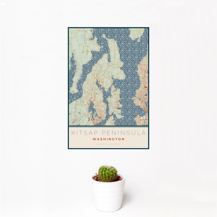 12x18 Kitsap Peninsula Washington Map Print Portrait Orientation in Woodblock Style With Small Cactus Plant in White Planter