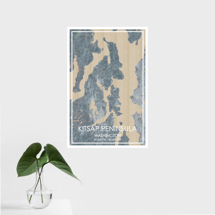 16x24 Kitsap Peninsula Washington Map Print Portrait Orientation in Afternoon Style With Tropical Plant Leaves in Water