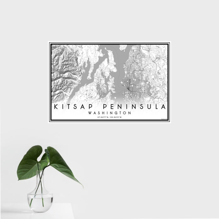 16x24 Kitsap Peninsula Washington Map Print Landscape Orientation in Classic Style With Tropical Plant Leaves in Water