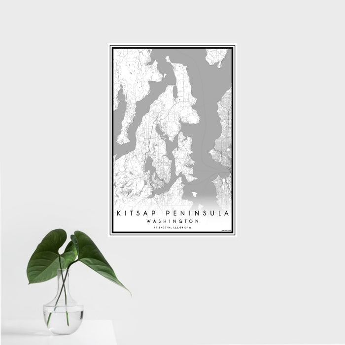 16x24 Kitsap Peninsula Washington Map Print Portrait Orientation in Classic Style With Tropical Plant Leaves in Water