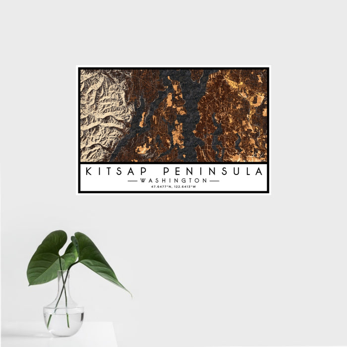 16x24 Kitsap Peninsula Washington Map Print Landscape Orientation in Ember Style With Tropical Plant Leaves in Water
