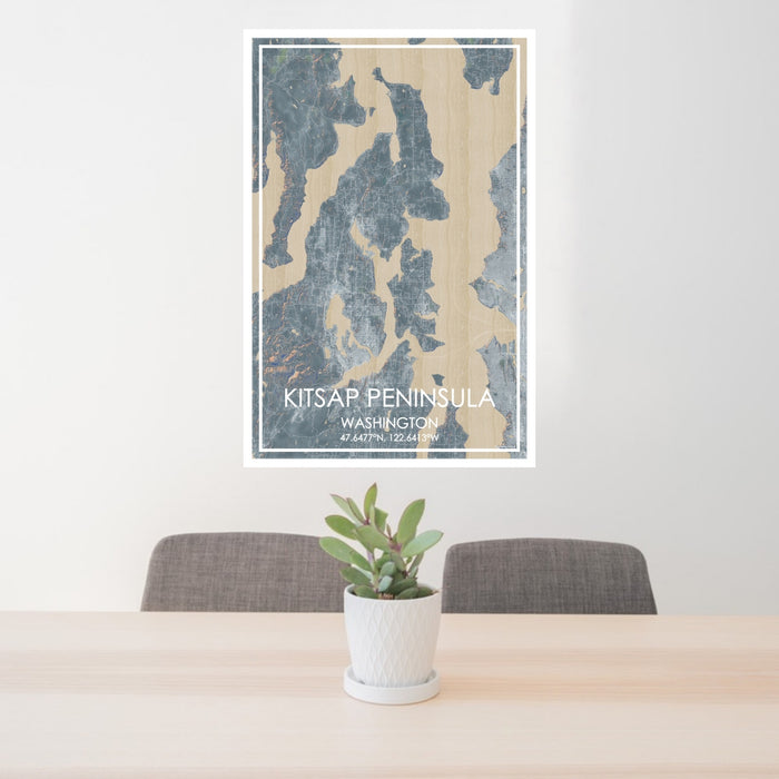 24x36 Kitsap Peninsula Washington Map Print Portrait Orientation in Afternoon Style Behind 2 Chairs Table and Potted Plant