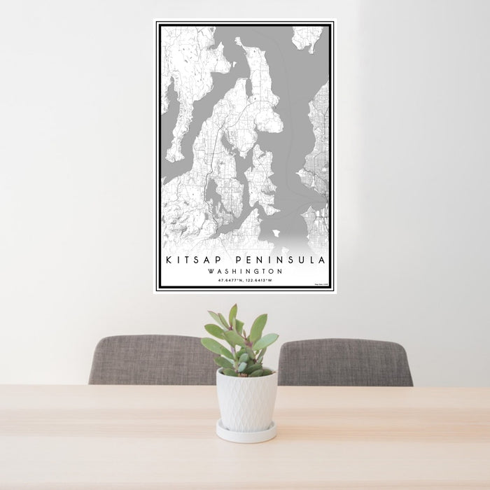 24x36 Kitsap Peninsula Washington Map Print Portrait Orientation in Classic Style Behind 2 Chairs Table and Potted Plant